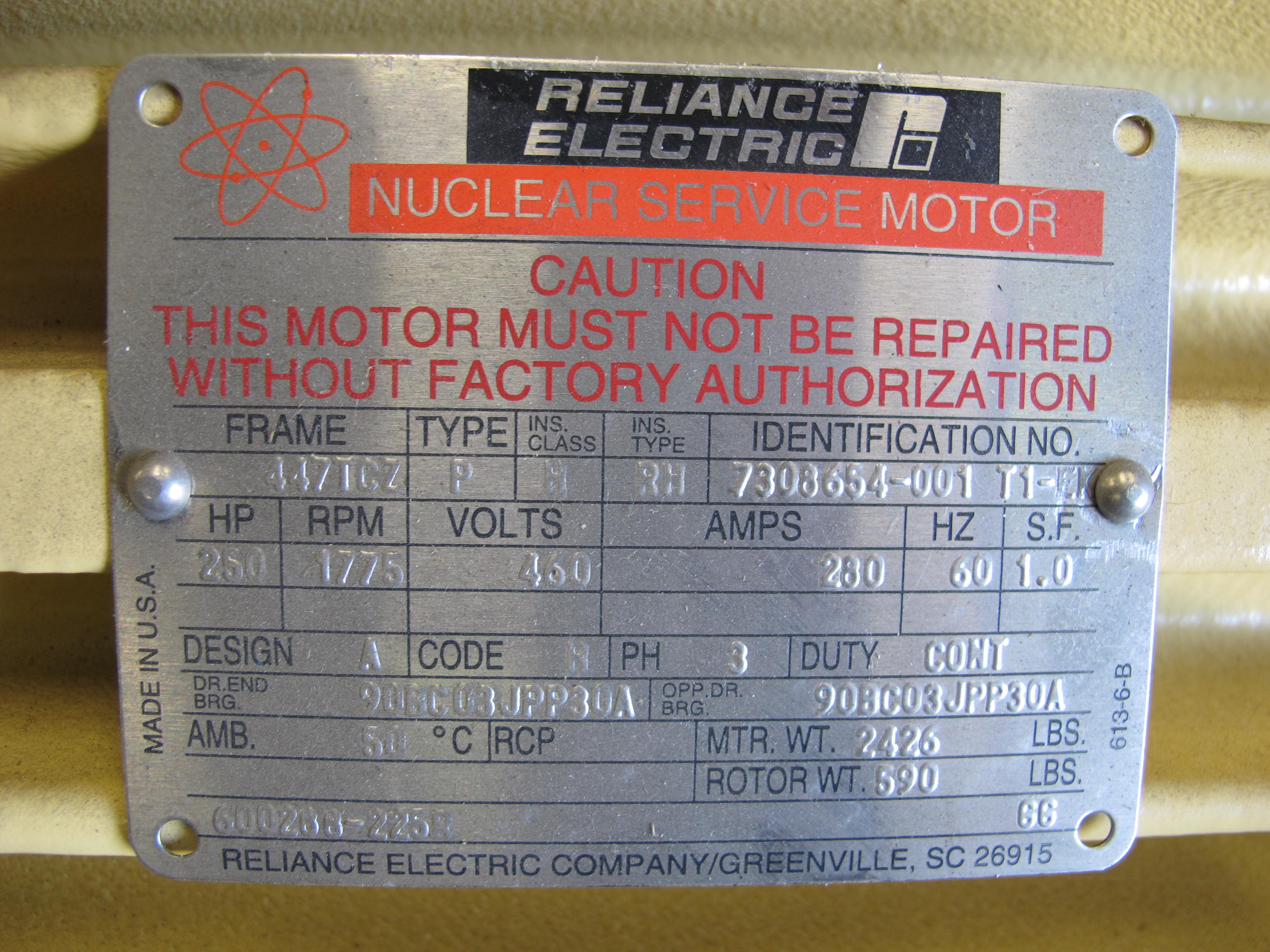 MOTOR, ELECTRIC TYPE, 250 HORSEPOWER, 460VAC ELEC RATING, 1800 RPM, 447TCZ FRAME. FOR CEDM COOLING DUCT. INSULATION CLASS "H", TYPE RH, TWO STAGE (SHAFT ON EACH END), CONDUIT BOX NOT INCLUDED. DO NOT SUBSTITUTE 0.333KW, 480VAC SPACE HEATERS, PART # 00600288-00225R (W-44) LOADING & HANDLING FEE $15-